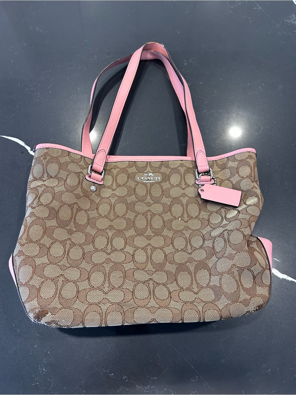 Coach Signature Canvas Tote Bag Brown Tan Monogram Pink Leather Trim Designer